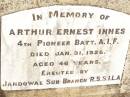 Arthur Ernest INNES,
died 31 Jan 1925 aged 46 years;
Jandowae Cemetery, Wambo Shire