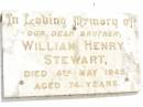 
William Henry STEWART,
brother,
died 4 May 1945 aged 74 years;
Jandowae Cemetery, Wambo Shire
