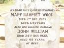 Mary Harriet WOOD,
wife mother,
died 2 Dec 1927 aged 63 years;
John William,
husband,
died 24 Oct 19323 aged 65 years;
Jandowae Cemetery, Wambo Shire