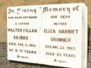Walter Fillan SKINNER,
husband father,
died 5 Feb 1951 aged 77 years;
Eliza Harriet SKINNER,
mother,
died 22 Aug 1965 aged 83 years;
Jandowae Cemetery, Wambo Shire