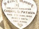 
Cheryl D. PATAVA,
daughter,
died 7 Mar 1952 aged 3 days;
Jandowae Cemetery, Wambo Shire
