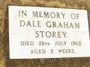 
Dale Graham STOREY,
died 28 July 1965 aged 5 weeks;
Jandowae Cemetery, Wambo Shire
