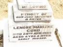 
Lenore Marlene CURD,
daughter sister,
died 24 April 1954 aged 4 years 8 months;
Jandowae Cemetery, Wambo Shire
