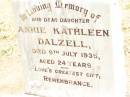 
Annie Kathleen DALZELL,
daughter,
died 9 July 1035 aged 24 years;
Jandowae Cemetery, Wambo Shire
