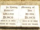 
Robert William BLINCO,
died 17-4-1977 aged 80 years;
Ida Maria BLINCO,
died 18-12-1980 aged 85 years;
Jandowae Cemetery, Wambo Shire
