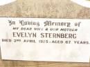 
Evelyn STERNBERG,
wife mother,
died 2 April 1975 aged 67 years;
Jandowae Cemetery, Wambo Shire

