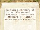 
Michael C. RADKE,
husband father grandfather,
died 10 June 1977 aged 62 years;
Jandowae Cemetery, Wambo Shire
