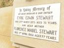 
Cyril Edwin STEWART,
husband father,
died 25 March 1973 aged 70 years;
Florence Mabel STEWART,
died 3 April 1982 aged 77 years;
Jandowae Cemetery, Wambo Shire
