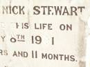 Thomas Dominick STEWART,
son,
died 8 Feb 1910 aged 18 years 11 months;
Jandowae Cemetery, Wambo Shire