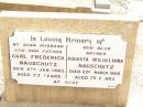 
Carl Frederick NAUSCHUTZ,
husband father,
died 5 Jan 1963 aged 73 years;
Augusta Wilhelmina NAUSCHUTZ,
mother,
died 22 March 1968 aged 75 years;
Jandowae Cemetery, Wambo Shire

