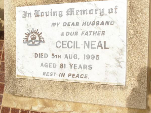 Cecil NEAL,  | husband father,  | died 5 Aug 1995 aged 81 years;  | Jandowae Cemetery, Wambo Shire  | 