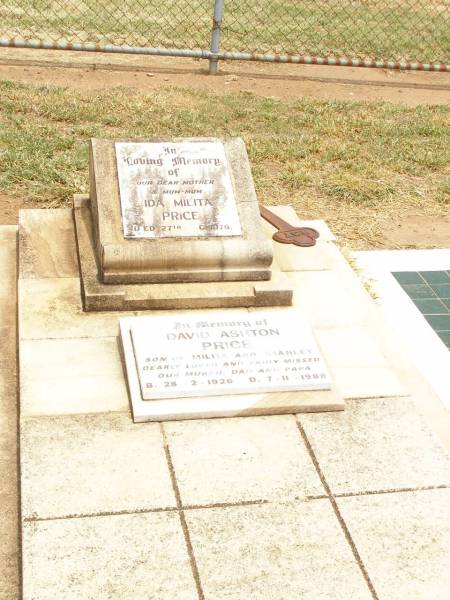 Ida Milita PRICE,  | mother mum-mum,  | died 27 Aug 1976;  | David Ashton PRICE,  | son of Milita & Stanley,  | 28-2-1926 - 7-11-1988,  | missed by Murph, dad & papa;  | Jandowae Cemetery, Wambo Shire  | 