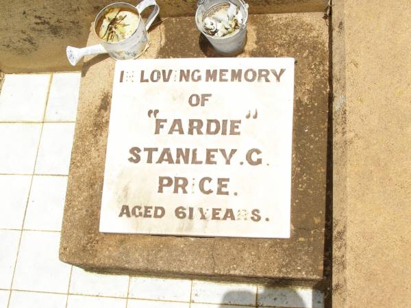Carol,  | daughter of J.W. & L.J. PRICE,  | accidentally killed 16 Dec 1944  | aged 4 years 4 months;  |  Fardie  Stanley G. PRICE,  | aged 61 years;  | Jandowae Cemetery, Wambo Shire  | 