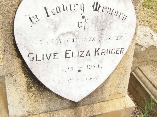 Olive Eliza KRUGER,  | daughter sister,  | 1915 - 1934;  | Jandowae Cemetery, Wambo Shire  | 