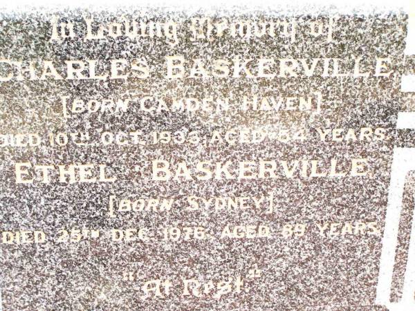 Charles BASKERVILLE,  | born Camden Haven,  | died 10 Oct 1933 aged 54 years;  | Ethel BASKERVILLE,  | born Sydney,  | died 25 Dec 1976 aged 89 years;  | Jandowae Cemetery, Wambo Shire  | 