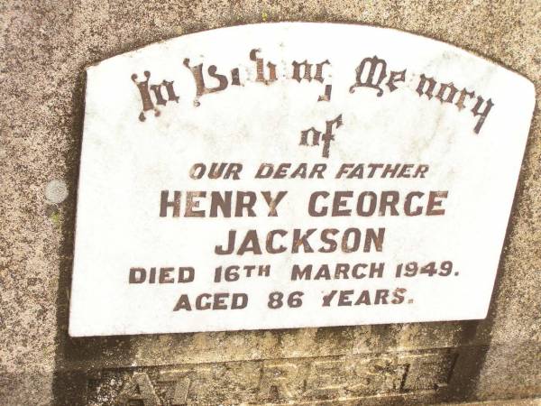 Henry George JACKSON,  | died 16 March 1949 aged 86 years;  | Jandowae Cemetery, Wambo Shire  | 