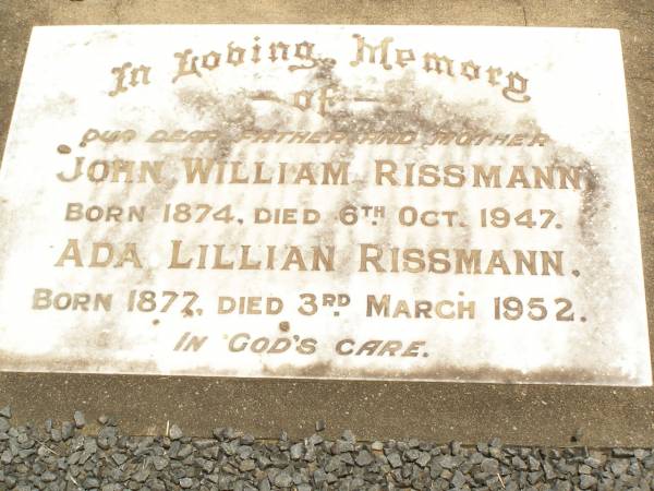 John William RISSMANN,  | father,  | born 1874,  | died 6 Oct 1947;  | Ada Lillian RISSMANN,  | mother,  | born 1877,  | died 3 March 1952;  | Ted RISSMANN,  | 1911 - 1986;  | Jandowae Cemetery, Wambo Shire  | 