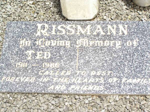 John William RISSMANN,  | father,  | born 1874,  | died 6 Oct 1947;  | Ada Lillian RISSMANN,  | mother,  | born 1877,  | died 3 March 1952;  | Ted RISSMANN,  | 1911 - 1986;  | Jandowae Cemetery, Wambo Shire  | 