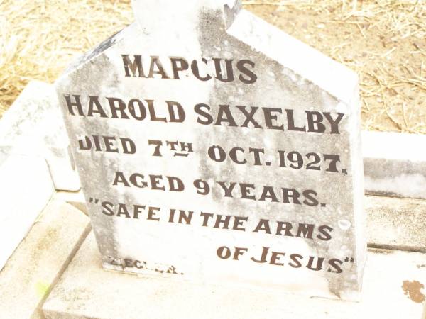 Marcus Harold SAXELBY,  | died 7 Oct 1927 aged 9 years;  | Jandowae Cemetery, Wambo Shire  | 