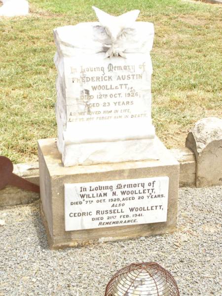 Frederick Austin WOOLLETT,  | died 12 Oct 1926 aged 23 years;  | William N. WOOLLETT,  | died 7 Oct 1929 aged 20 years;  | Cedric Russell WOOLLETT,  | died 21 Feb 1941;  | Jack, Norm, Baby;  | Jandowae Cemetery, Wambo Shire  | 