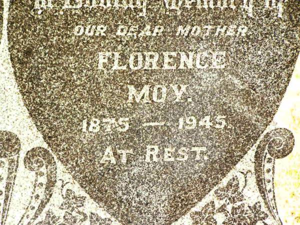 Abraham John MOY,  | husband father,  | 1868 - 1940;  | Florence MOY,  | mother,  | 1875 - 1945;  | Ernest Alfred PIKE,  | grandson,  | 25-09-1921 - 18-12-1921,  | interred Warra cemetery;  | Jandowae Cemetery, Wambo Shire  | 