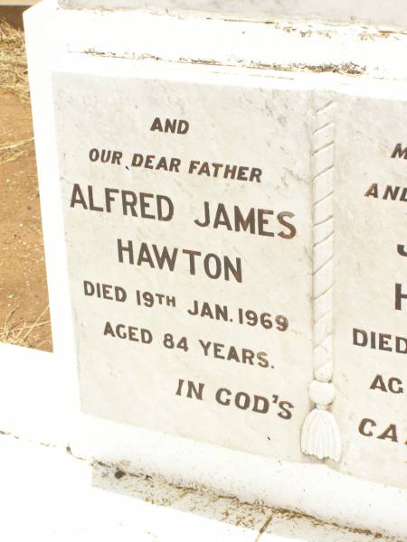 Alfred James HAWTON,  | father,  | died 19 Jan 1969 aged 84 years;  | Julia M. HAWTON,  | wife mother,  | died 5 Oct 1960 aged 81 years;  | Jandowae Cemetery, Wambo Shire  | 