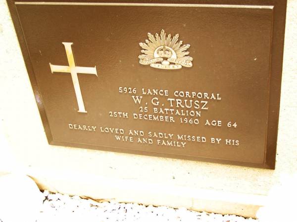 W.G. TRUSZ,  | died 25 Dec 1960 aged 64 years;  | Jandowae Cemetery, Wambo Shire  | 