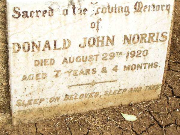 Donald John NORRIS,  | died 29 Aug 1920 aged 7 years 4 months;  | Jandowae Cemetery, Wambo Shire  | 