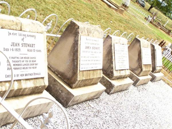 Jean STEWART,  | died 1-6-1929 aged 15 years,  | erected by brother Donald;  | James STEWART,  | husband father,  | died 21 Oct 1918 aged 30 years;  | Mggie A. STEWART (nee DONALD),  | mother,  | died 15-10-1927 aged 42 years,  | erected by children Jean, Nancy & Donald;  | James DONALD,  | died 10 Oct 1910 aged 66 years;  | Nancy STEWART,  | died 2-1-1930 aged 14 years,  | erected by brother Donald;  | Jandowae Cemetery, Wambo Shire  | 