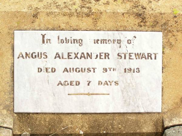 Angus Alexander STEWART,  | died 9 Aug 1913 aged 7 days;  | Jandowae Cemetery, Wambo Shire  | 