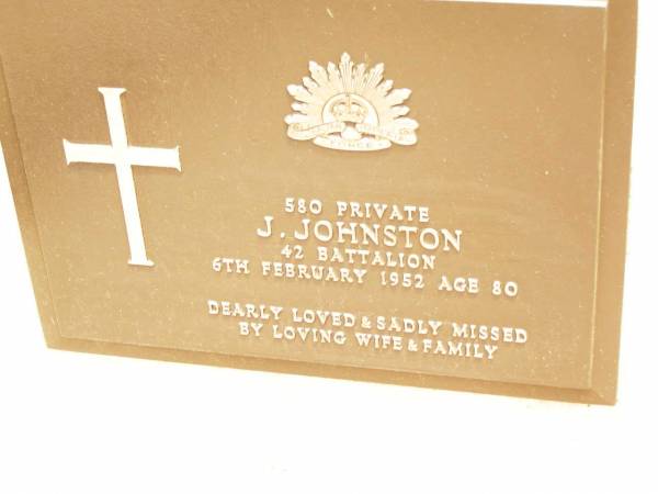 J. JOHNSTON,  | died 6 Feb 1952 aged 80 years,  | missed by wife & family;  | Jandowae Cemetery, Wambo Shire  | 