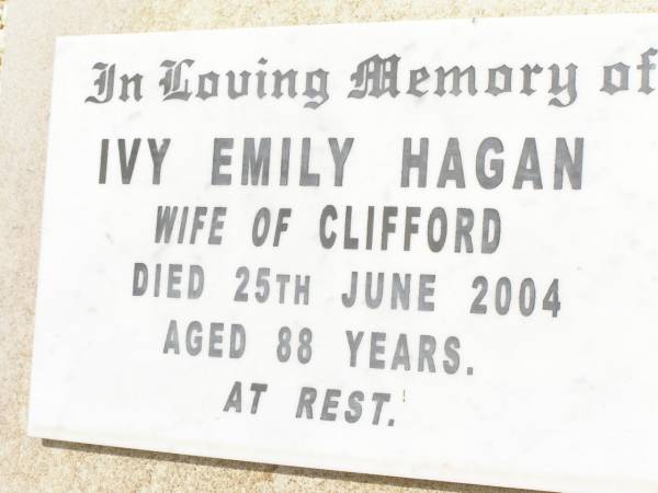 Clifford HAGAN,  | husband father,  | died 7 Aug 1953 aged 46 years;  | Ivy Emily HAGAN,  | wife of Clifford,  | died 25 June 2004 aged 88 years;  | Jandowae Cemetery, Wambo Shire  | 