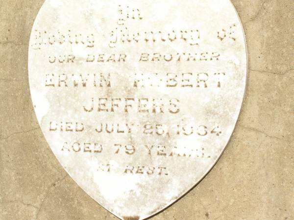 Erwin Robert JEFFERS,  | brother,  | died 25 Jyly 1964 aged 79 years;  | Jandowae Cemetery, Wambo Shire  | 
