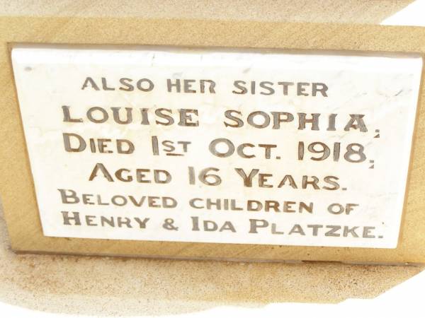 Hulda Henriette PLATZKE,  | died 27 April 1902 aged 5 years;  | Louise Sophia,  | sister,  | died 1 Oct 1918 aged 16 years;  | children of Henry & Ida PLATZKE;  | Jandowae Cemetery, Wambo Shire  | 
