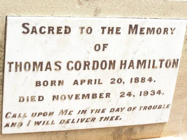 Thomas Gordon HAMILTON,  | born 20 April 1884,  | died 24 Nov 1934;  | Jandowae Cemetery, Wambo Shire  | 