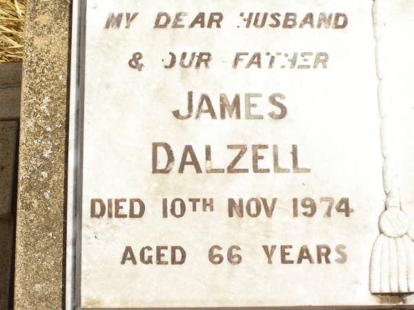 James DALZELL,  | husband father,  | died 10 Nov 1974 aged 66 years;  | Jandowae Cemetery, Wambo Shire  | 