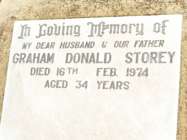 Graham Donald STOREY,  | husband father,  | died 16 Feb 1974 aged 34 years;  | Jandowae Cemetery, Wambo Shire  | 