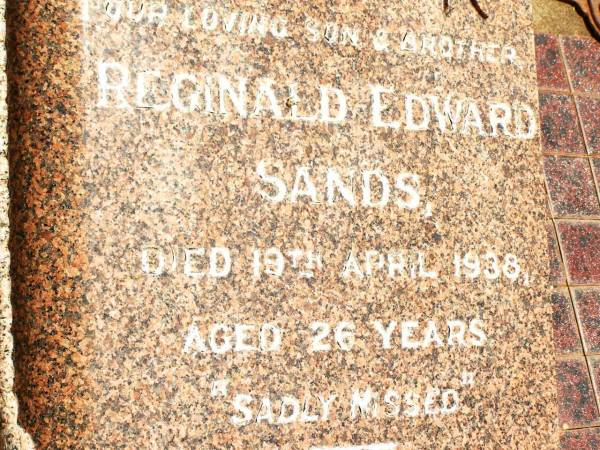 Lavinia SANDS,  | died 29 May 1950 aged 70 years;  | Reginald Edward SANDS,  | son brother,  | died 19 April 1938 aged 26 years;  | Jandowae Cemetery, Wambo Shire  | Research Contact: donaldhistory@gmail.com http://ritekgirl.centelia.net  |   | 
