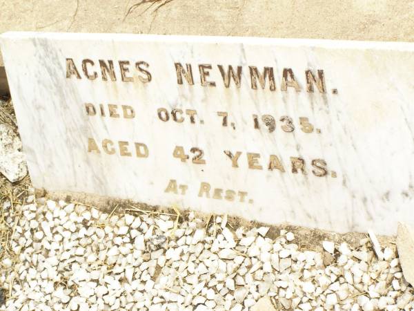 Agnes NEWMAN,  | died 7 Oct 1935 aged 42 years;  | Jandowae Cemetery, Wambo Shire  | 