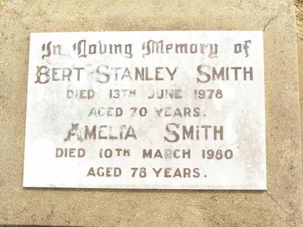 Bert Stanley SMITH,  | died 13 June 1978 aged 70 years;  | Amelia SMITH,  | died 10 March 1980 aged 78 years;  | Jandowae Cemetery, Wambo Shire  | 