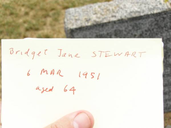 Bridget (Bea) Jane STEWART,  | died 6 March 1951 aged 64 years;  | Jandowae Cemetery, Wambo Shire  | 