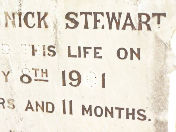 Thomas Dominick STEWART,  | son,  | died 8 Feb 1910 aged 18 years 11 months;  | Jandowae Cemetery, Wambo Shire  | 