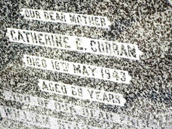 Catherine E. CURRAN,  | mother,  | died 16 May 1943 aged 69 years;  | William Stanley CURRAN,  | father,  | died 16 Feb 1953 aged 81 years;  | Jandowae Cemetery, Wambo Shire  | 