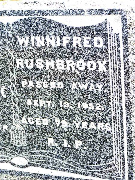 Winnifred RUSHBROOK,  | died 13 Sept 1952 aged 79 years;  | Jandowae Cemetery, Wambo Shire  | 