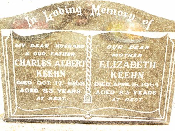 Charles Albert KEEHN,  | husband father,  | died 17 Oct 1962 aged 83 years;  | Elizabeth KEEHN,  | mother,  | died 16 April 1965 aged 83 years;  | Jandowae Cemetery, Wambo Shire  | 