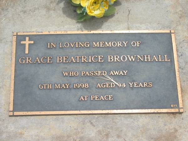 Grace Beatrice BROWNHALL,  | died 6 May 1998 aged 94 years;  | Jandowae Cemetery, Wambo Shire  | 