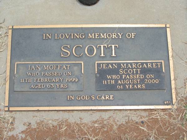 Ian Moffatt SCOTT,  | died 11 Feb 1999 aged 63 years;  | Jean Margaret SCOTT,  | died 11 Aug 2000 aged 61 years;  | Jandowae Cemetery, Wambo Shire  | 