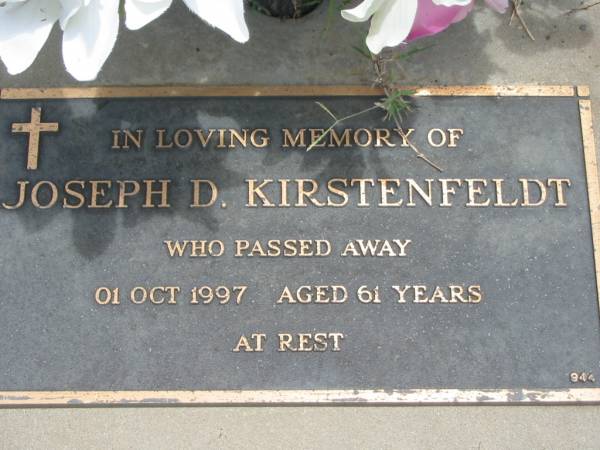 Joseph D. KIRSTENFELDT,  | died 01 Oct 1997 aged 61 years;  | Jandowae Cemetery, Wambo Shire  | 