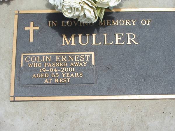 Colin Ernest MULLER,  | died 19-04-2001 aged 65 years;  | Jandowae Cemetery, Wambo Shire  | 