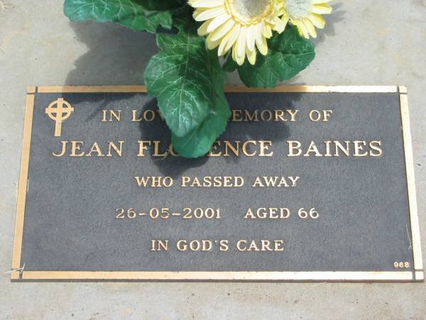 Jean Florence BAINES,  | died 26-05-2001 aged 66 years;  | Jandowae Cemetery, Wambo Shire  | 